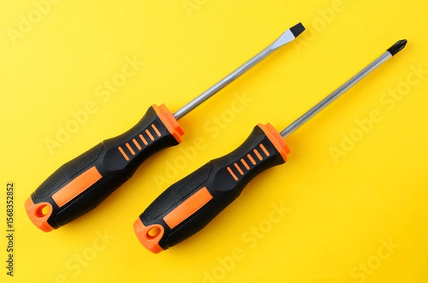 Fototapeta Flat and Phillips screwdrivers on yellow background, minimal layout with repair tools