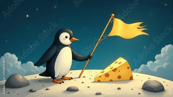 Fototapeta Creative penguin astronaut discovers giant cheese on a distant moon during an adventurous space mission