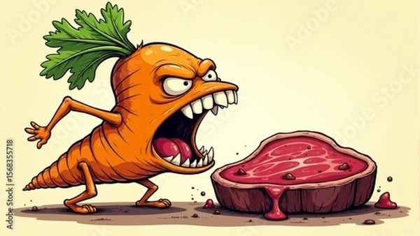 Fototapeta Carrot protests over meat pie, showcasing whimsical character in a vibrant kitchen setting full of humor and imagination