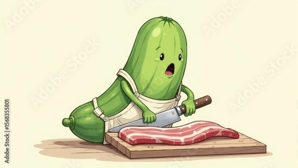 Fototapeta Happy cucumber character joyfully preparing bacon in a whimsical kitchen setting during a sunny afternoon
