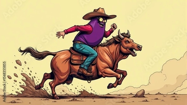 Fototapeta Epic journey of a whimsical eggplant on horseback through a sunlit desert landscape at the break of dawn
