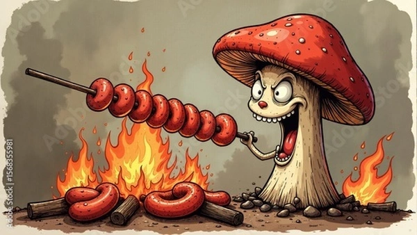 Fototapeta Whimsical mushroom chef roasting delicious sausages over a vibrant campfire in a magical forest during twilight hours