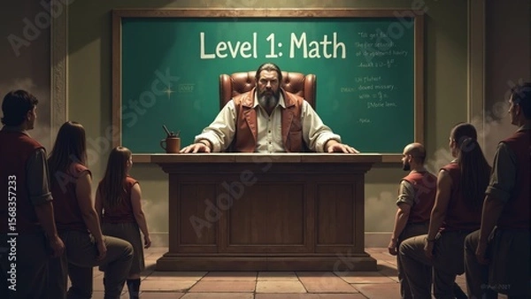 Fototapeta Engaging math lesson with a wise tutor guiding young learners in an enchanting classroom setting