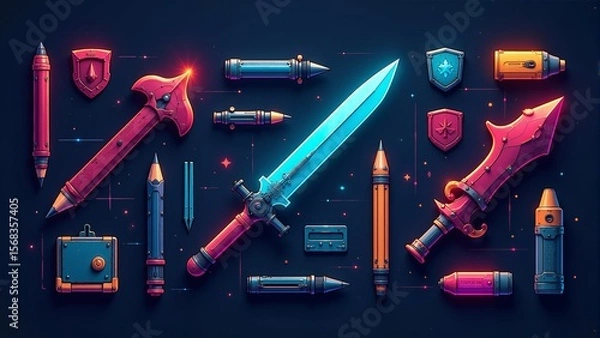Fototapeta Colorful fantasy weapons and tools arranged in an artistic layout showcasing creativity and imagination