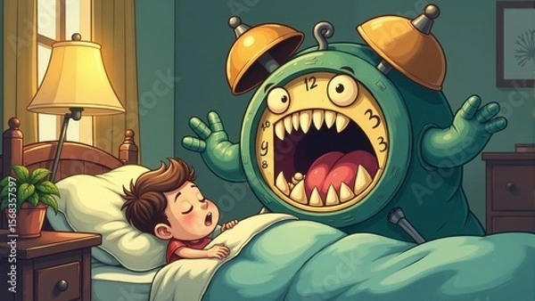 Fototapeta A giant alarm clock yells at a sleeping boy in a cozy bedroom late at night, blending dream and reality in a whimsical way