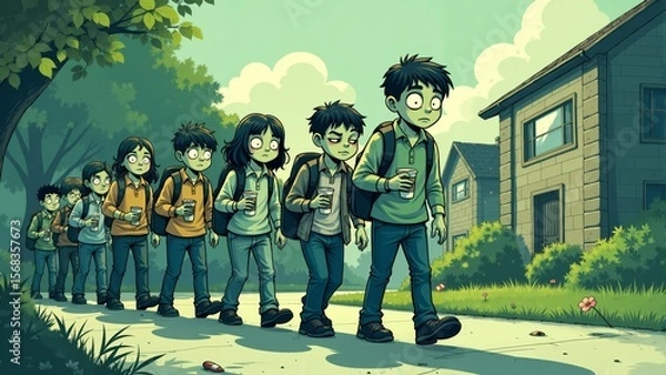 Fototapeta Group of students walking home from school in a vibrant cartoon landscape, with backpacks and drinks in hand during late afternoon