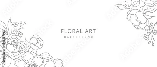 Fototapeta Abstract floral background with minimal flowers and leaves in line art style. Hand drawn botanical elements. Vector illustration for card, banner, print, poster, cover, wedding invitation, packaging