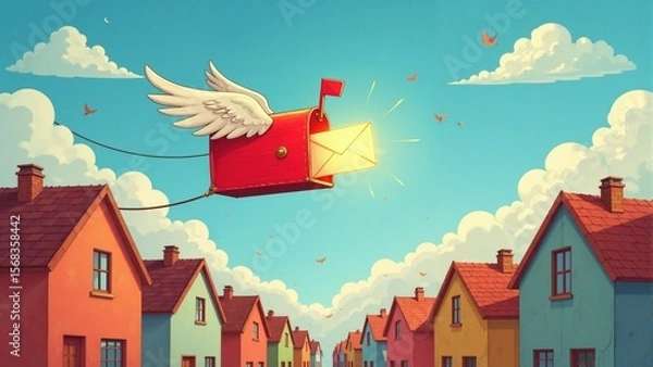 Fototapeta Enchanted mailbox soars through a sunlit sky over a quaint neighborhood filled with charming houses