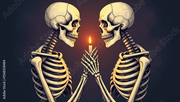 Fototapeta Two skeletons embrace warmth of a flickering candlelight in a striking display of love beyond life during an artistic moment