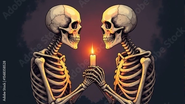 Fototapeta Two skeletons embrace warmth of a flickering candlelight in a striking display of love beyond life during an artistic moment