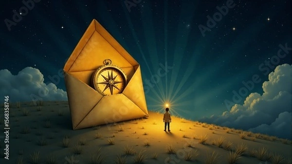 Fototapeta Mysterious envelope with a celestial clock invites an adventurous spirit to a journey among the stars above a tranquil landscape