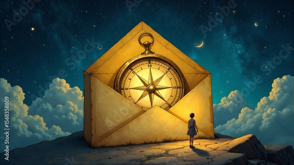 Fototapeta Mysterious envelope with a celestial clock invites an adventurous spirit to a journey among the stars above a tranquil landscape
