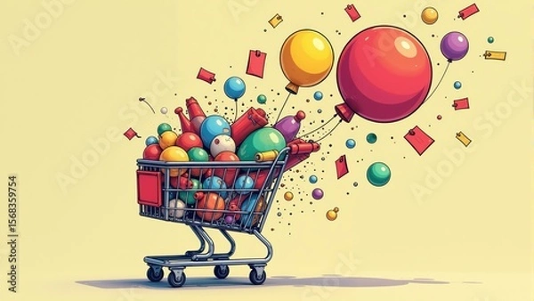Fototapeta Colorful grocery cart filled with festive items and balloons captures the joy of shopping experience