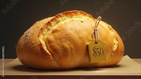 Fototapeta Unique gourmet bread loaf on display with a price tag highlighting its premium value and quality craftsmanship