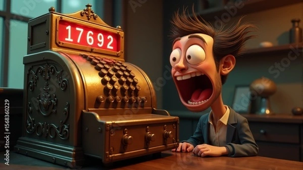 Fototapeta Excitement fills the air as a boy discovers a mysterious countdown on a vintage cash register in a cozy workshop