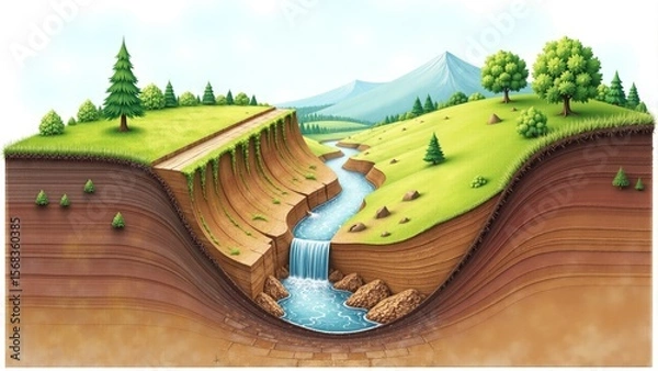 Fototapeta Serene river flowing through layered cliffs in a lush, green valley under a clear blue sky