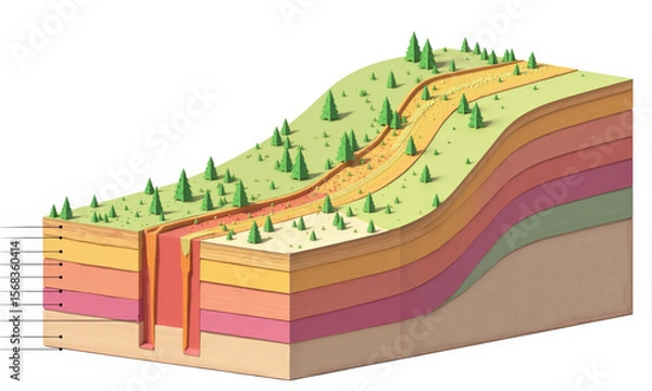 Fototapeta Layers of earth revealed in a stunning geological cross-section with a majestic mountain backdrop