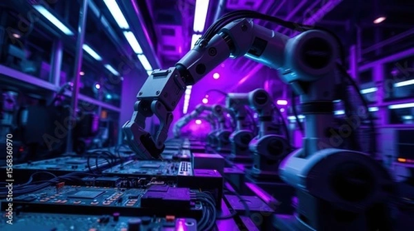 Obraz Robotic arm assembling electronics fast