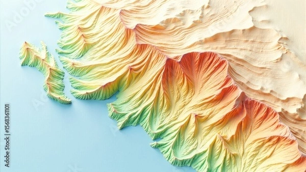 Fototapeta Majestic mountain range unfolds in vibrant hues, showcasing nature's beauty under a clear sky with tranquil waters below