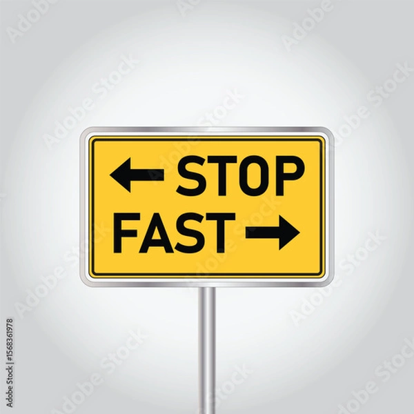 Fototapeta Fast or slow road sign, Slovenia traffic sign on a white background. Vector illustration. In a world where choices matter, a fork in the road presents two paths, fast or slow pace, lane or living fast