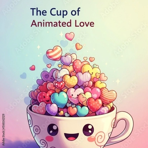 Fototapeta Adorable Heart Characters and Expressive Love Cups Overflowing with Emoticons and Colorful Joy — Ideal for Valentine’s Day, Romance, Digital Stickers, Greeting Cards, and Whimsical Art Projects