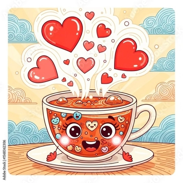 Fototapeta Adorable Heart Characters and Expressive Love Cups Overflowing with Emoticons and Colorful Joy — Ideal for Valentine’s Day, Romance, Digital Stickers, Greeting Cards, and Whimsical Art Projects