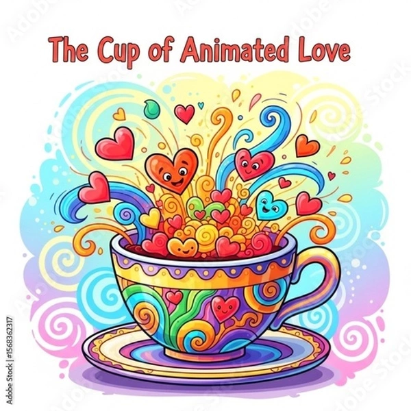 Fototapeta Adorable Heart Characters and Expressive Love Cups Overflowing with Emoticons and Colorful Joy — Ideal for Valentine’s Day, Romance, Digital Stickers, Greeting Cards, and Whimsical Art Projects