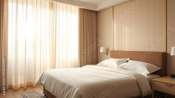 Fototapeta A serene hotel room bathed in morning light, with neatly made bed and sheer curtains.