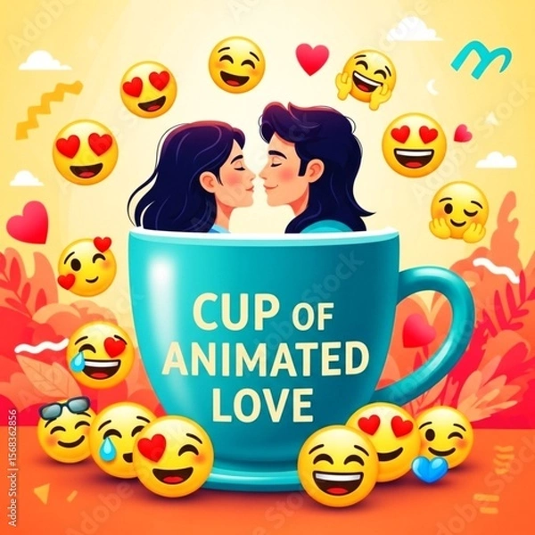 Fototapeta Adorable Heart Characters and Expressive Love Cups Overflowing with Emoticons and Colorful Joy — Ideal for Valentine’s Day, Romance, Digital Stickers, Greeting Cards, and Whimsical Art Projects