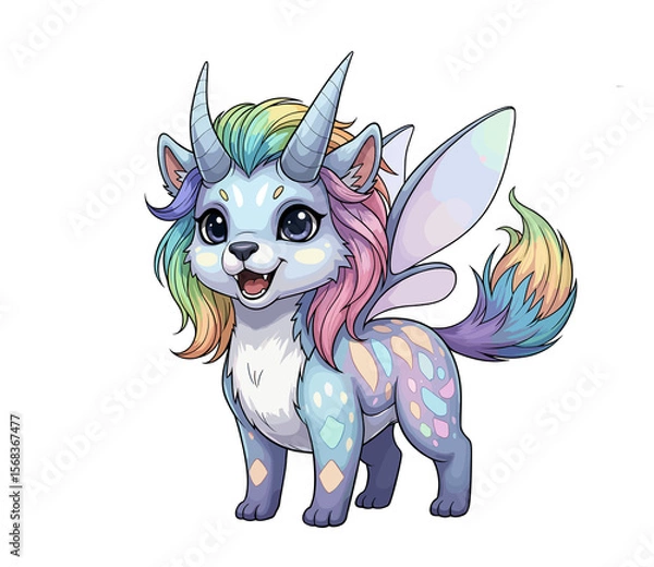 Fototapeta Mythical winged wolf creature and guardian of fairies in the forest - isolated white background illustration