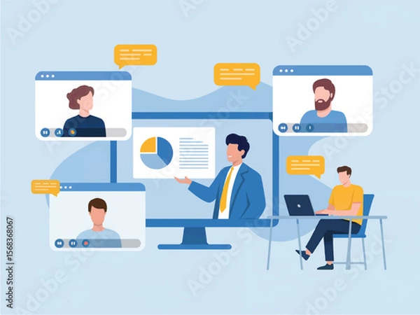Fototapeta Diverse group of people participating in a virtual meeting with video conferencing and chat bubbles isolated on white background