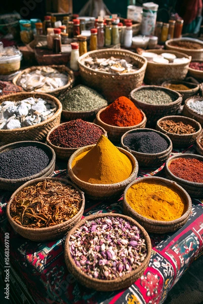 Obraz colorful spice assortments in baskets on a patterned cloth at a market