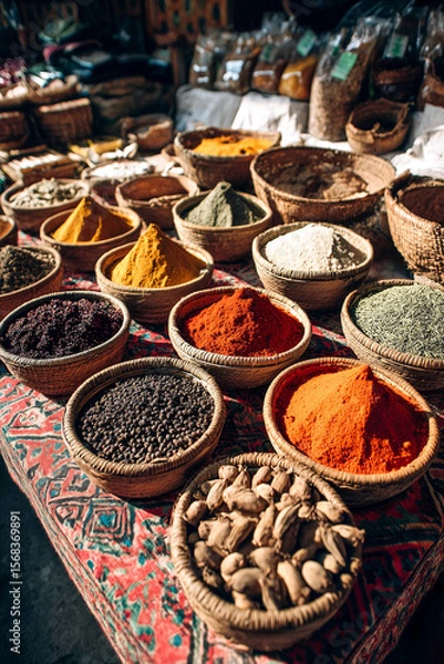 Obraz colorful spice assortments in baskets on a patterned cloth at a market
