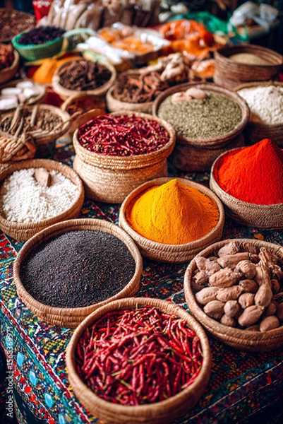 Obraz colorful spice assortments in baskets on a patterned cloth at a market