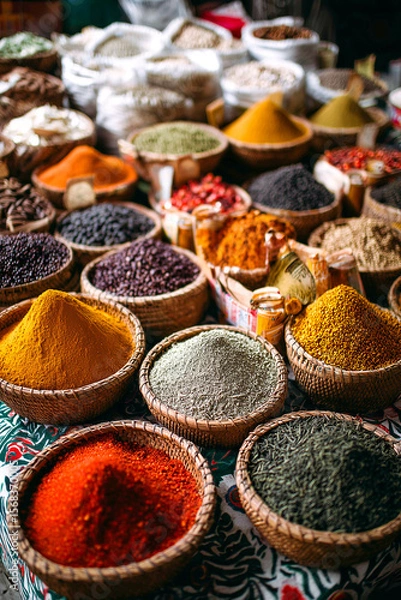 Obraz colorful spice assortments in baskets on a patterned cloth at a market