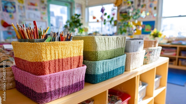 Obraz Colorful woven storage bins stacked in children classroom with art supplies