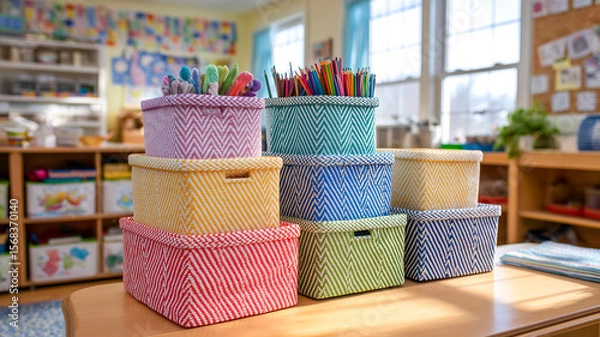 Obraz Colorful woven storage bins stacked in children classroom with art supplies