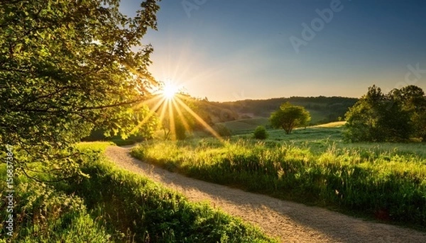 Obraz golden hour sunlight streams through lush green leaves illuminating a sun drenched path winding through a vibrant summer landscape perfect for travel nature and summer themes rays shadow