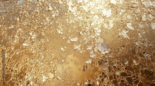Fototapeta A highly reflective, textured golden surface with shimmering metallic flecks and droplets scattered across.
