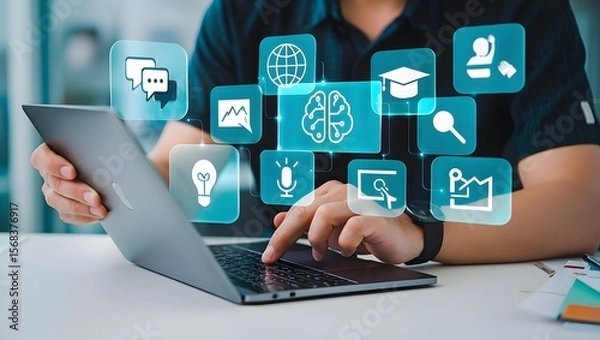 Fototapeta AI Artificial Intelligence technology for education. Modern digital learning, courses for developing new skills and e-learning. Man learning lessons and online seminars on laptop.