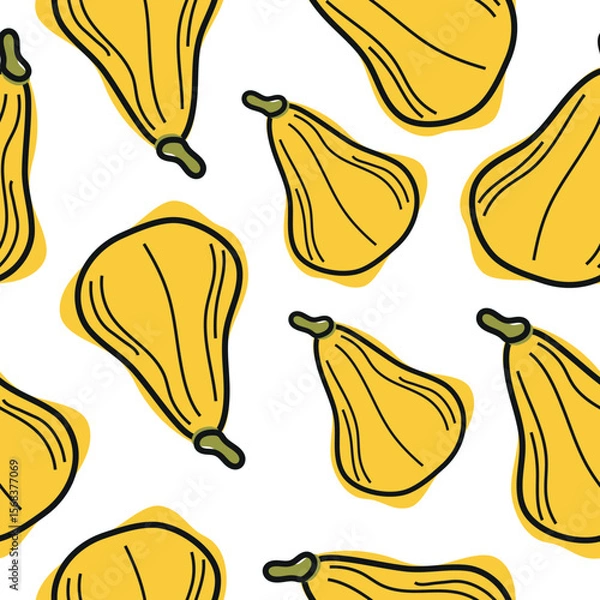 Obraz seamless pattern with cute simple icon of long, yellow pumpkins in cartoon doodle style arranged randomly, for autumn holidays, advertising and seasonal packaging