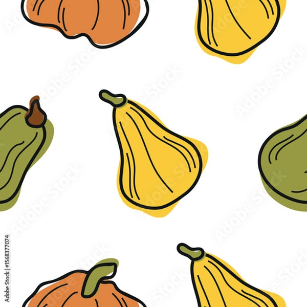 Obraz pattern of cute simple icons of various pumpkins of different shapes and colors, for autumn holidays, advertising and seasonal packaging