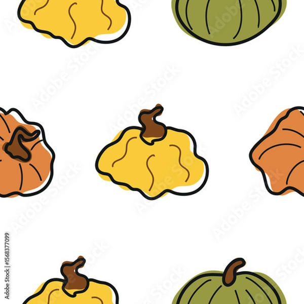 Obraz pattern of cute simple icons of various pumpkins of round shape and various colors, for autumn holidays, advertising and seasonal packaging