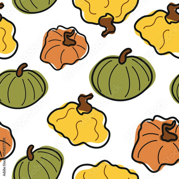 Obraz seamless pattern of cute simple icons of various pumpkins of round shape and various colors arranged randomly, for autumn holidays, advertising and seasonal packaging