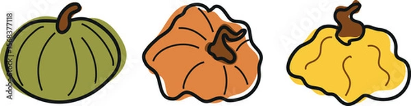 Obraz set of cute simple icons of various pumpkins of round shape and various colors, for autumn holidays, advertising and seasonal packaging