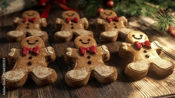 Fototapeta Gingerbread Men Cookies Decorated with Icing on Dark Slate Background for Festive New Year Celebration with Copy Space for Text