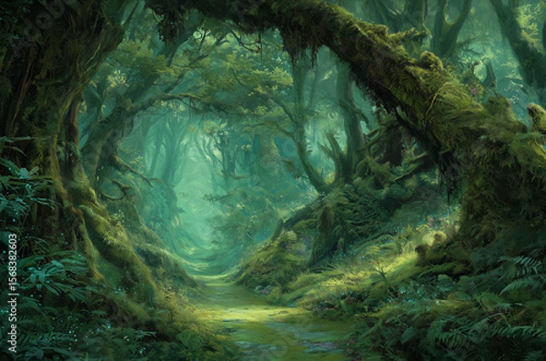 Obraz Enchanted Verdant Forest Path trees moss