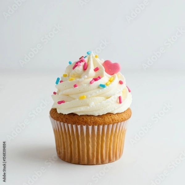 Fototapeta Vanilla cupcake with white frosting, colorful sprinkles, and heart topper on white background, ideal for birthday party designs, bakery menus, and dessert packaging visuals