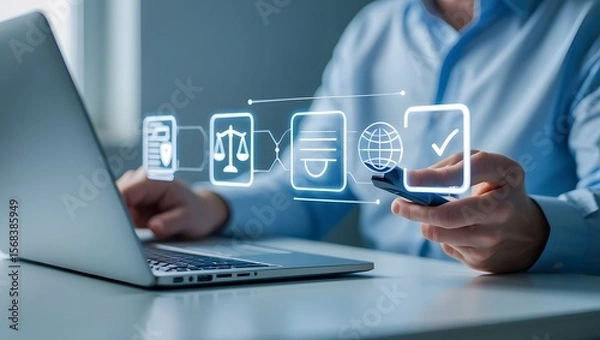 Fototapeta Compliance in business concept. Businessman using laptop with compliance icon, ensuring the enforcement of laws, regulations, and standards. Stay in line with business policies.