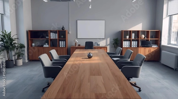 Obraz contemporary modern boardroom with long wooden meeting table, minimalist design, and bright lighting